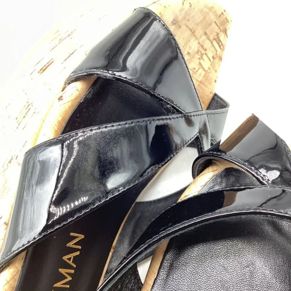 Stuart Weitzman Carmen Wedge Sandals in Black Patent Leather